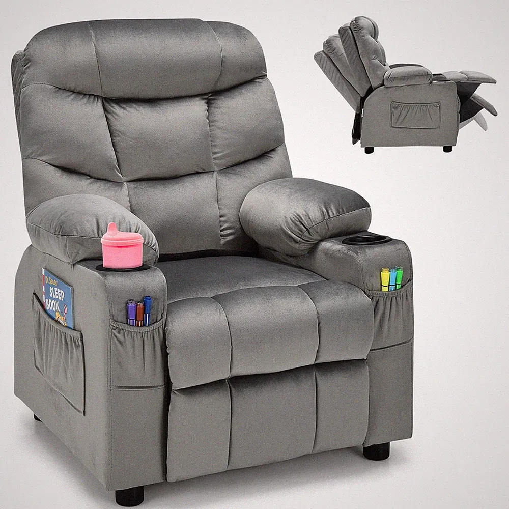 Kids Youth Recliner Chair Velvet Fabric w/Cup Holder & Side Pocket Grey