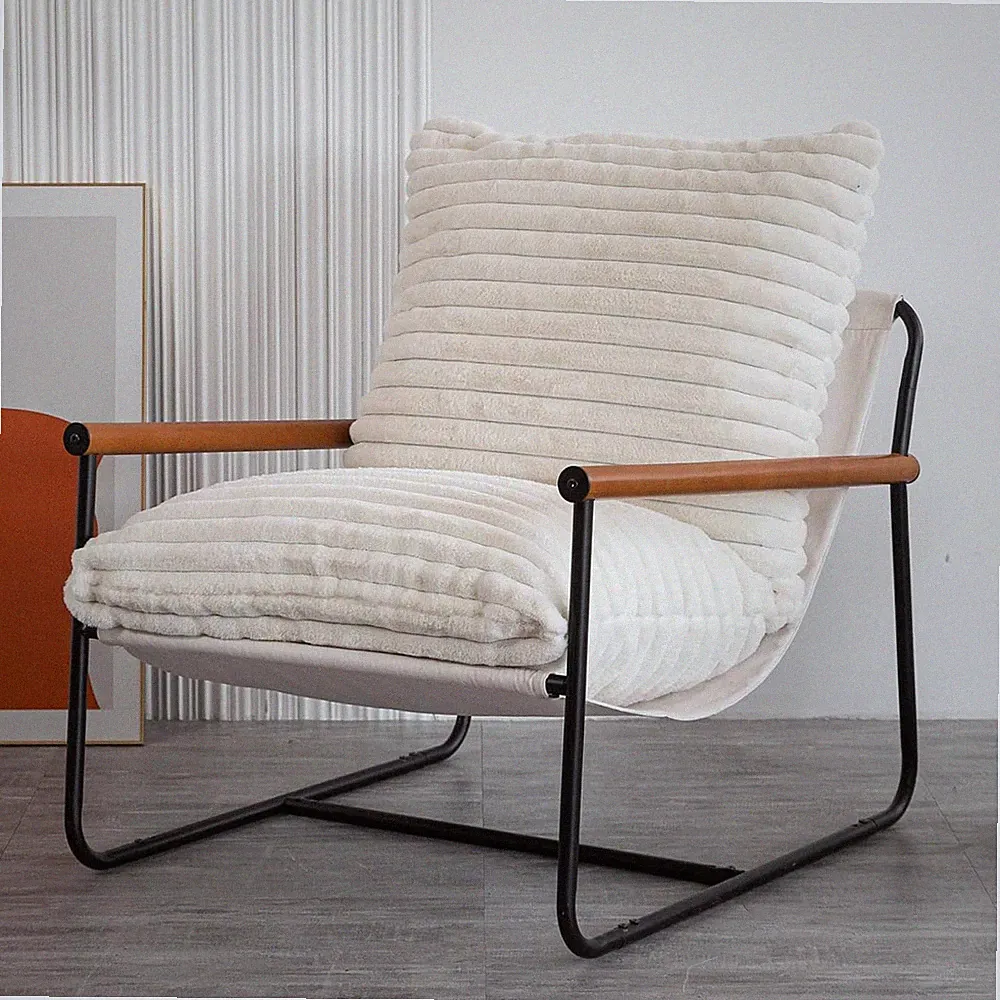Mid Century Modern Sherpa Accent Chair with Wooden Arms and Metal Frame