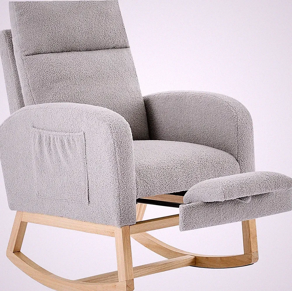 Rocking Chair Recliner Armchair with Foot Rest High Backrest Side Pocket Gray